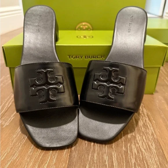 Tory Burch Black Patent Leather Low Heel Slide Sandals - Picture 1 of 11
